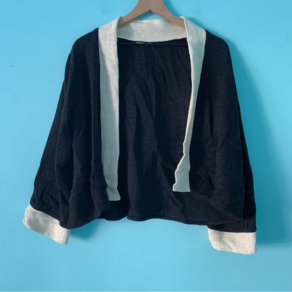 Kavita Mesh Boucle Woven Kimono Color-Block Open Cardigan Jacket M-L Black Ivory